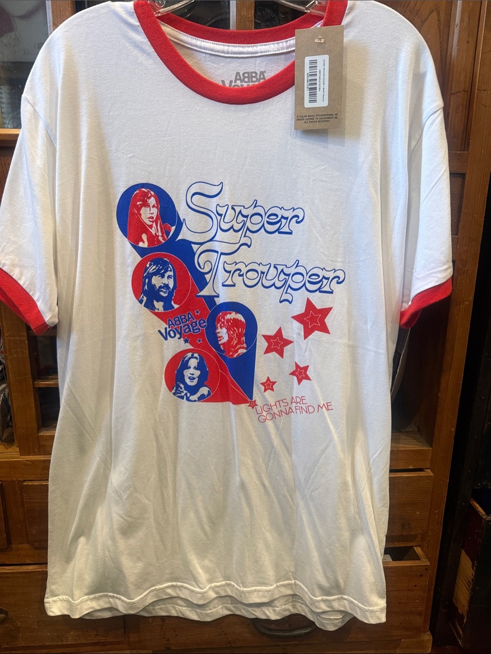 Super Trouper Graphic Ringer Tee - White with Red Trim-runs large